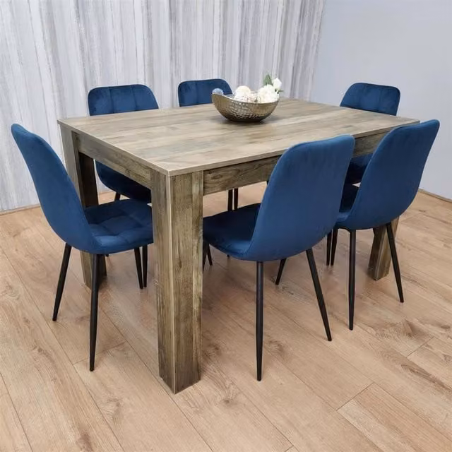 KOSY KOALA Rustic Rectangular Dining Table Set with 6 Blue Upholstered Chairs, Brown – 1
