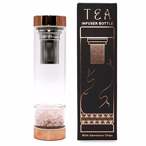 Serenityy Crystal Glass Tea Infuser Bottle with Rose Gold Cap, Rose Quartz, 500ml – 1