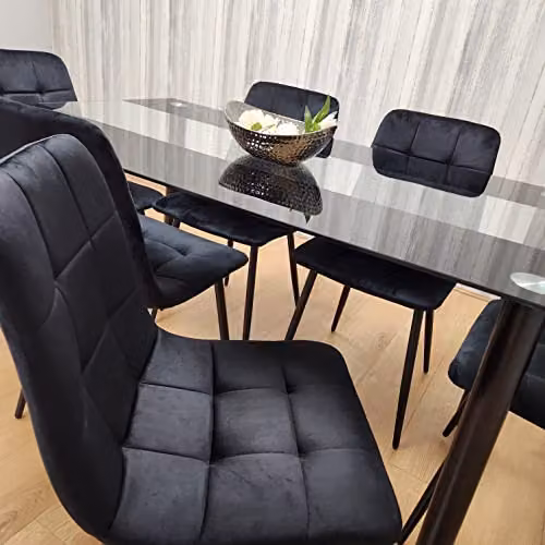 Kosy Koala Black and Transparent Glass Dining Set with 6 Black Tufted Velvet Chairs, W: 140 cm, D: 80 cm, H: 75 cm – 3