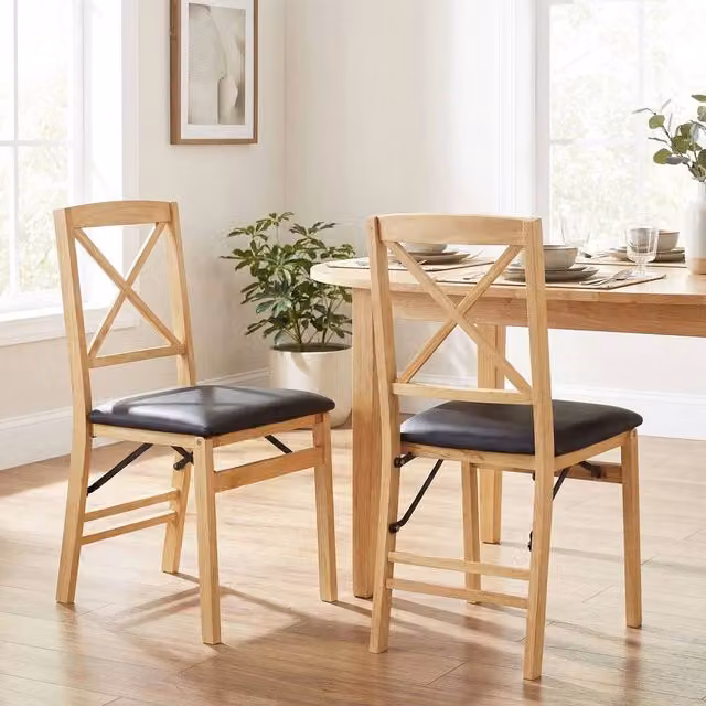 Costway Set of 2 Black Folding Dining Chairs with Padded Synthetic Leather Seats and Rubberwood Legs