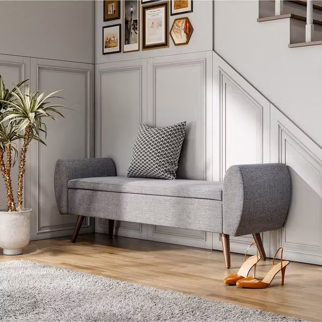 Livingandhome Mid-Century Grey Linen Upholstered Storage Bench with Wood Legs