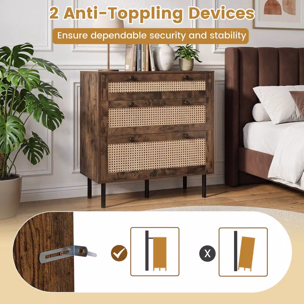 Gymax Boho Rattan Modern Chest of Drawers with 5 Metal Legs, Brown – 7