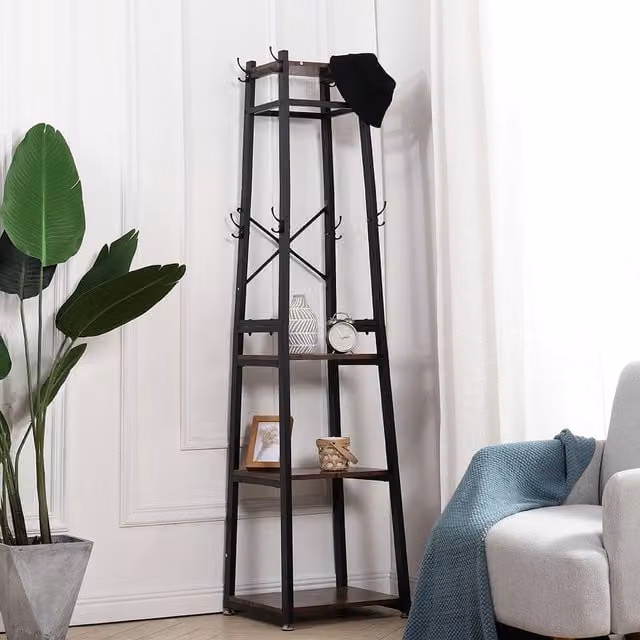 Livingandhome Industrial Metal Coat Rack with Clothes Rail and Hooks in Brown