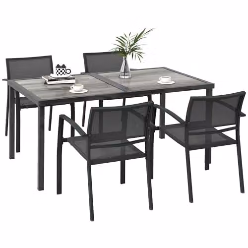 Outsunny 5 Piece Grey Metal Garden Dining Set with Stackable Armchairs – 1