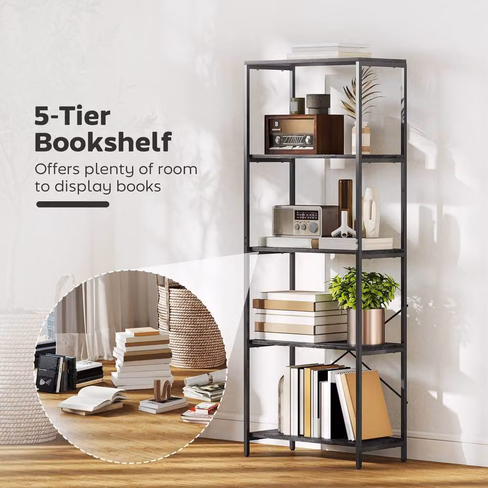 HOMCOM 5-Tier Modern Industrial Freestanding Bookshelf in Grey and Black, W/D/H: 79 x 35 x 161 cm – 3