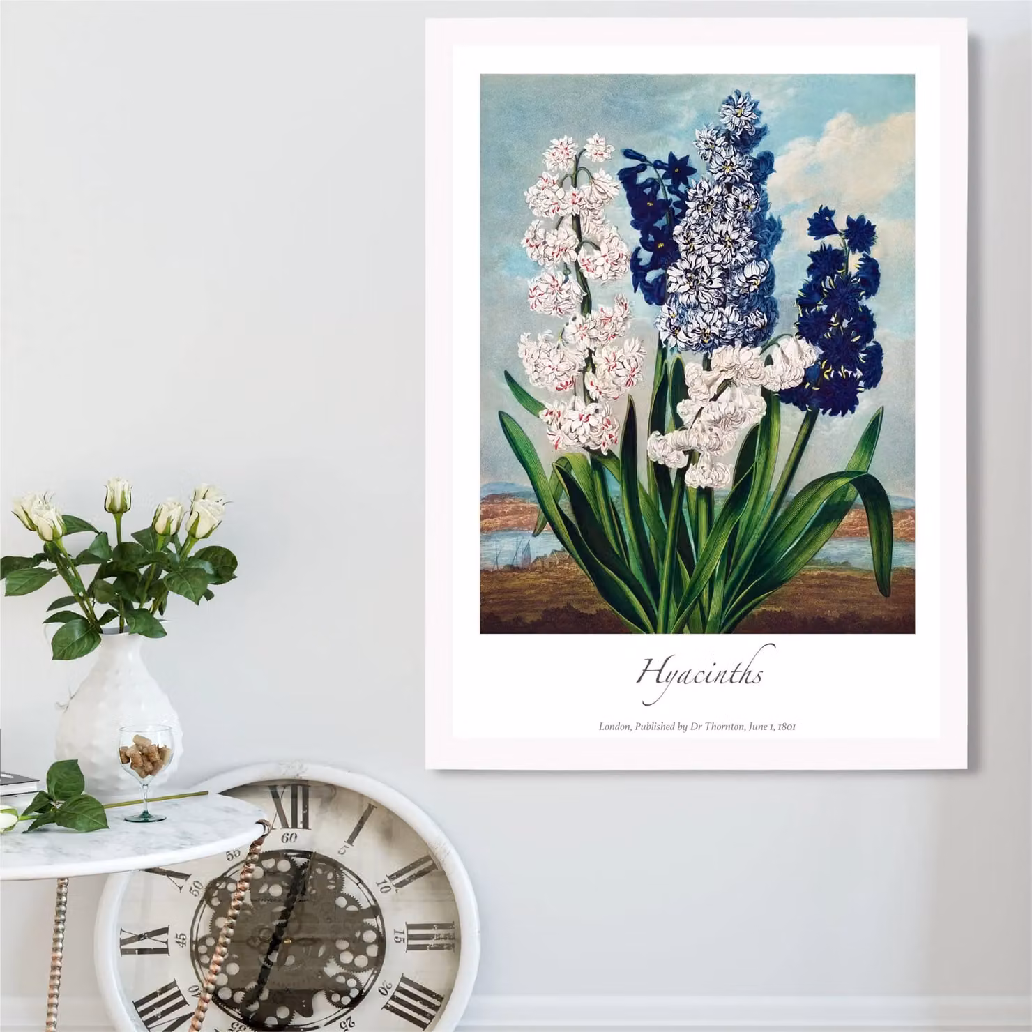 ARTZE Vintage Floral Hyacinth Flowers Framed Botanical Illustration Print in Green, White and Blue, A4 Size – 2