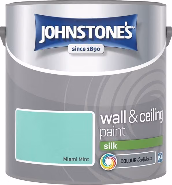 Johnstone's Low Emission Water Based Vinyl Silk Emulsion Dispersion Paint in Miami Mint Green Blue Satin Gloss