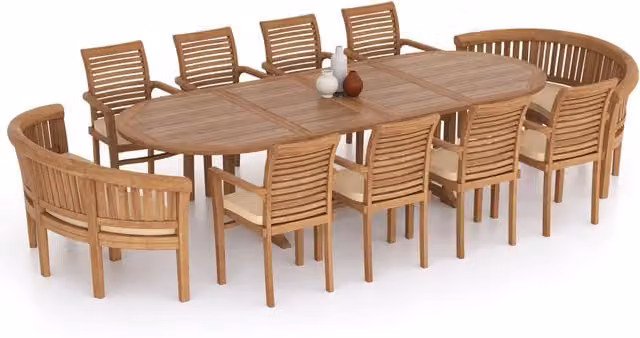 Eterna Athens Teak Garden Dining Table and 10 Seat Chair Set with Black Cushions