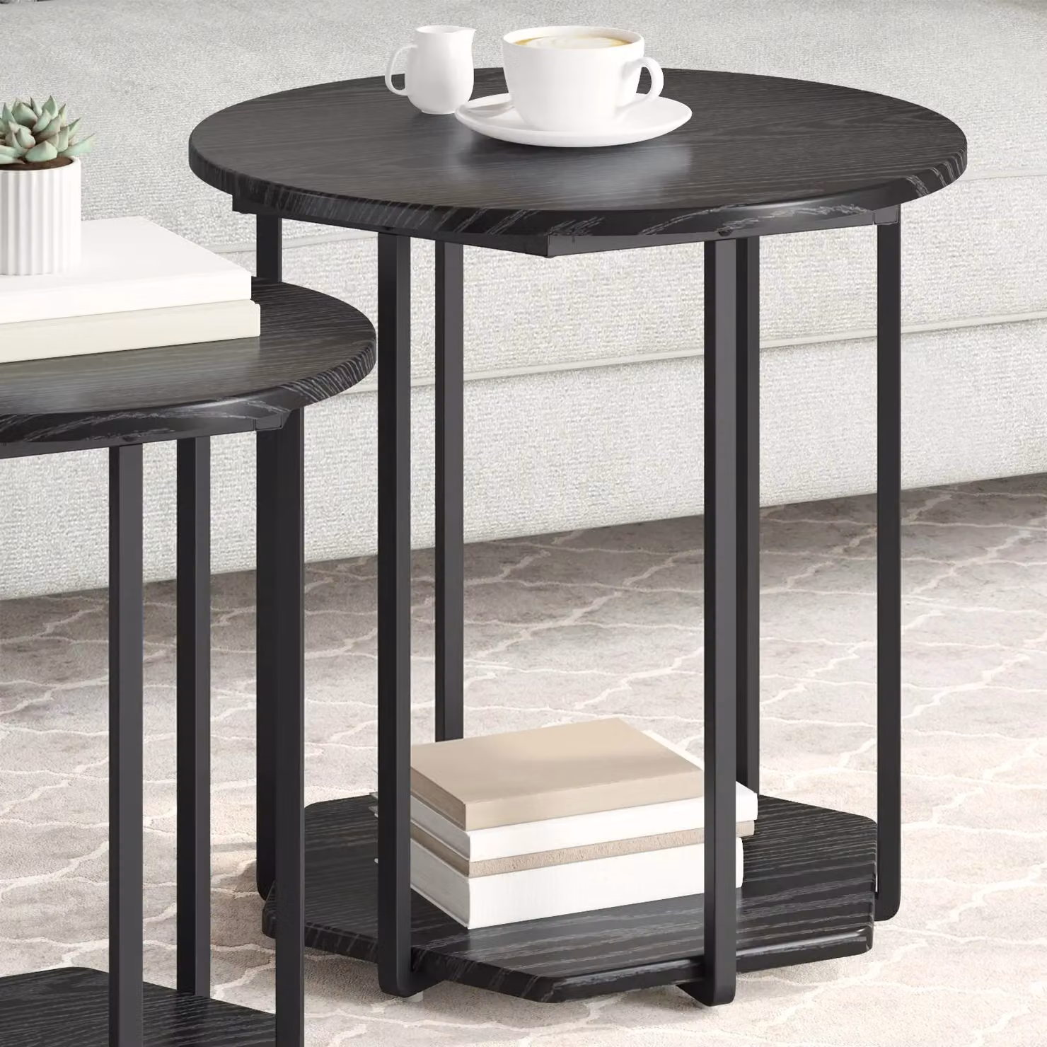 Berkfield Home Set of 2 Modern Round Side Tables in Black Oak and Metal – 3