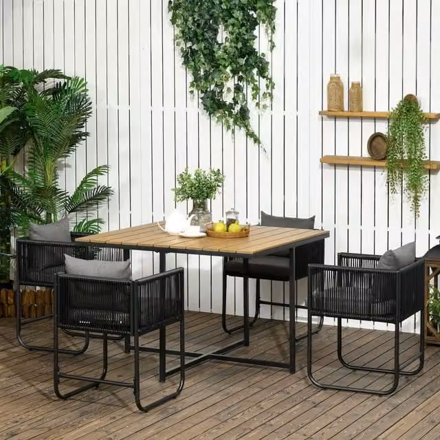 Outsunny 5-Piece Black PE Rattan Cube Dining Set with Square Wood Grain Table and 4 Chairs