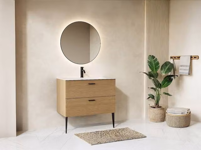 Vente-unique Sarone Ribbed Bathroom Cabinet with Built-in Basin and 2 Drawers in Light Oak, W: 80 cm, D: 47 cm, H: 46 cm