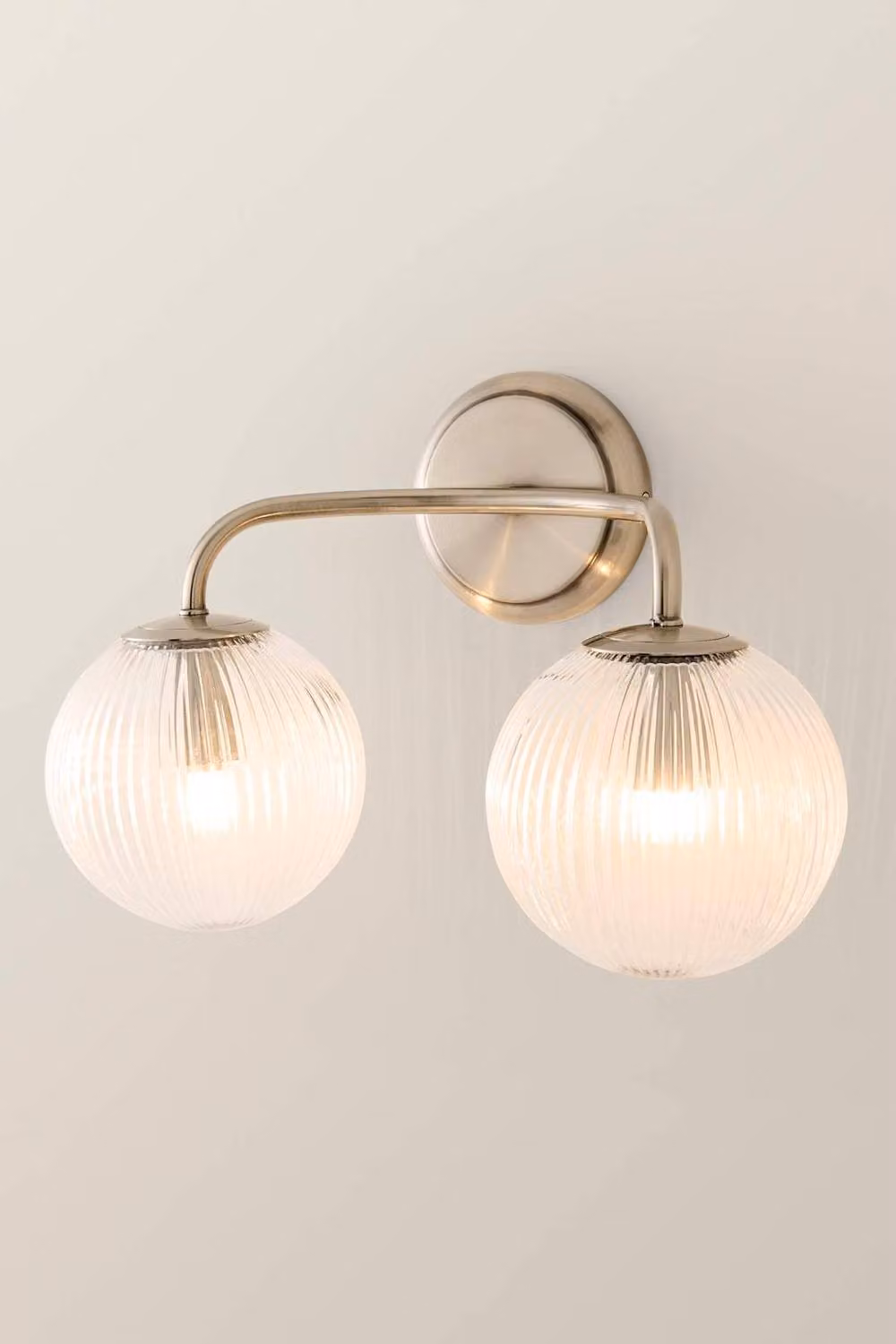 ValueLights Kempton 2 Arm Wall Light with Ribbed Glass Globe Shades in Silver – 2