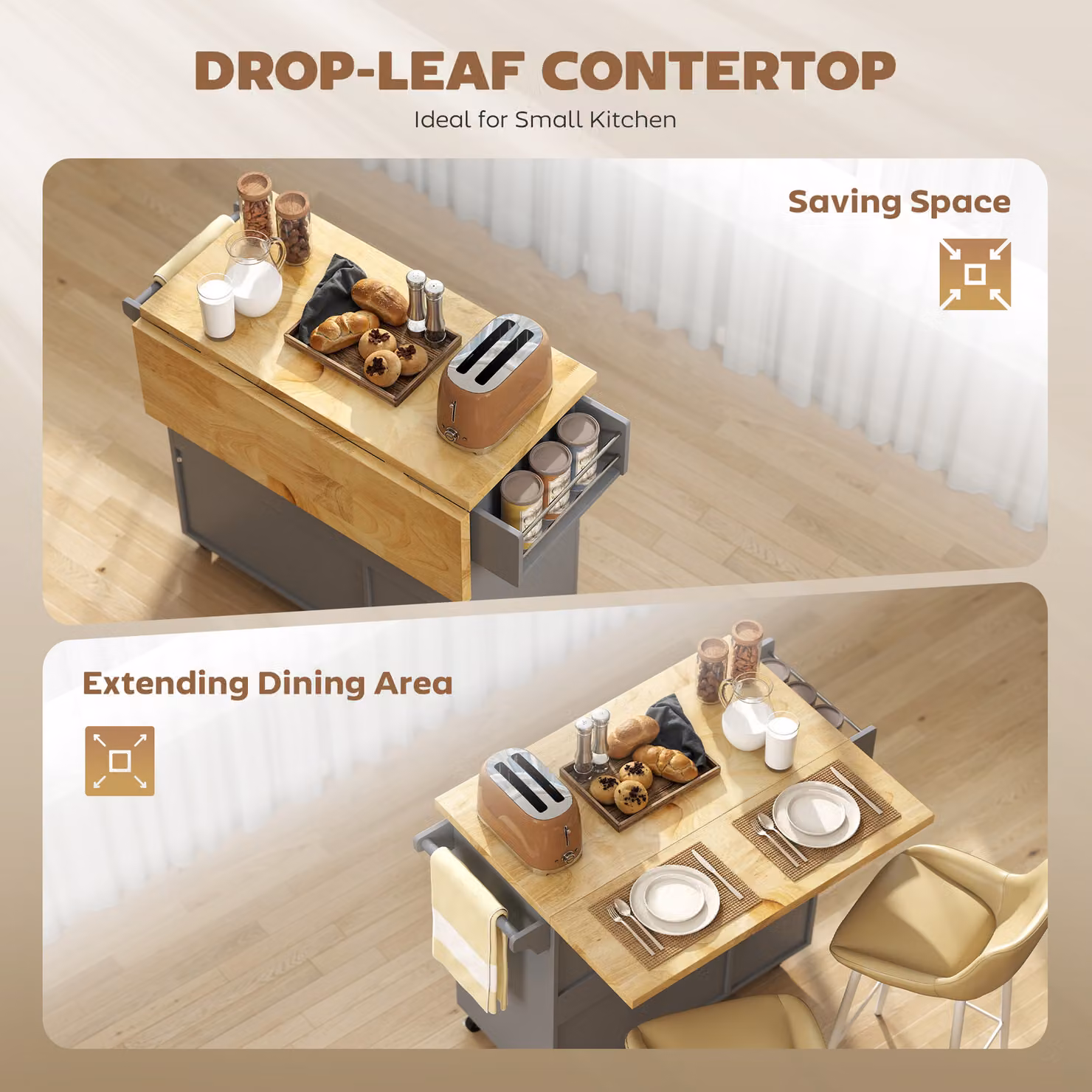 HOMCOM Grey Rolling Kitchen Island Trolley with Drop Leaf, Drawers, Towel and Spice Rack – 4