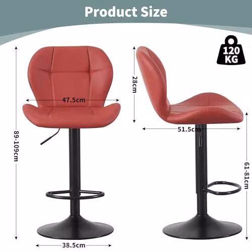 mcc direct Stella Set of 2 Red Faux Leather Swivel Bar Stools with Backrest and Metal Base – 3