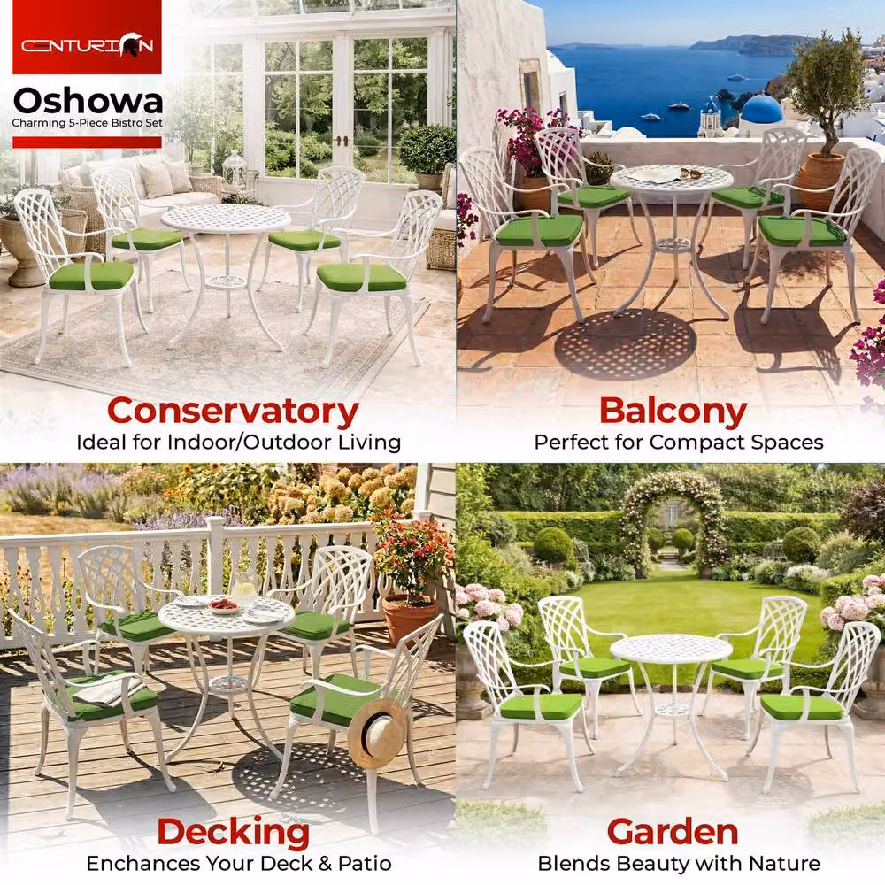 Centurion OSHOWA 5-Piece Cast Aluminium Bistro Set with Round Table and 4 High-Back Armchairs, White with Green Cushions – 3