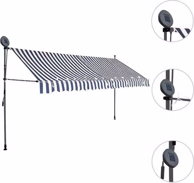 Berkfield Home Manual Retractable Awning with LED, Blue and White Striped Polyester Fabric and Steel Frame, W: 350 cm, D: 120 cm