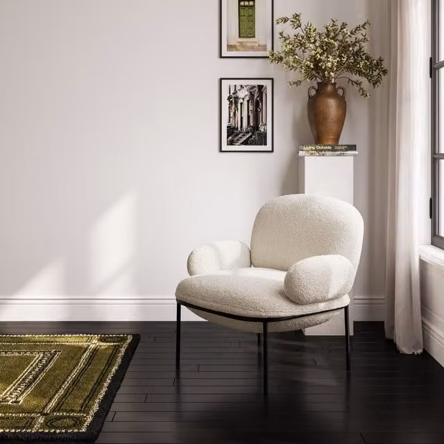 LPD Home Avery Lounge Chair in White Bouclé Fabric with Metal Frame and Armrests