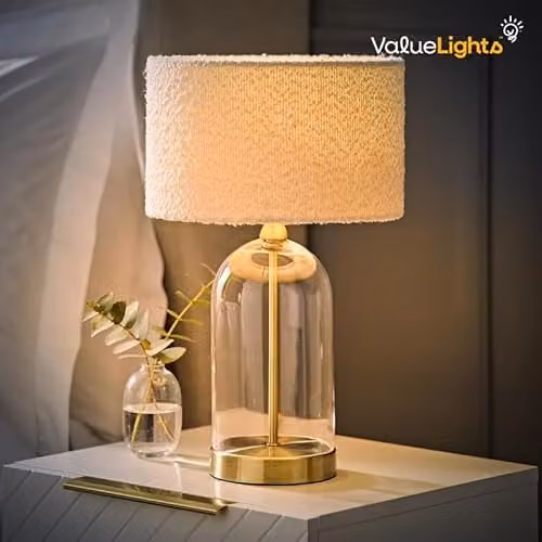 ValueLights Glass and Gold Metal Table Lamp with Beige Boucle Lampshade and 4W Warm White LED Bulb – 2