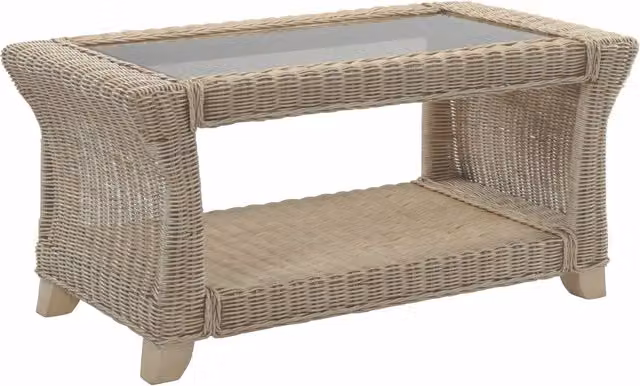 Desser Clifton Cane Rectangular Coffee Table in White and Beige with Glass Top