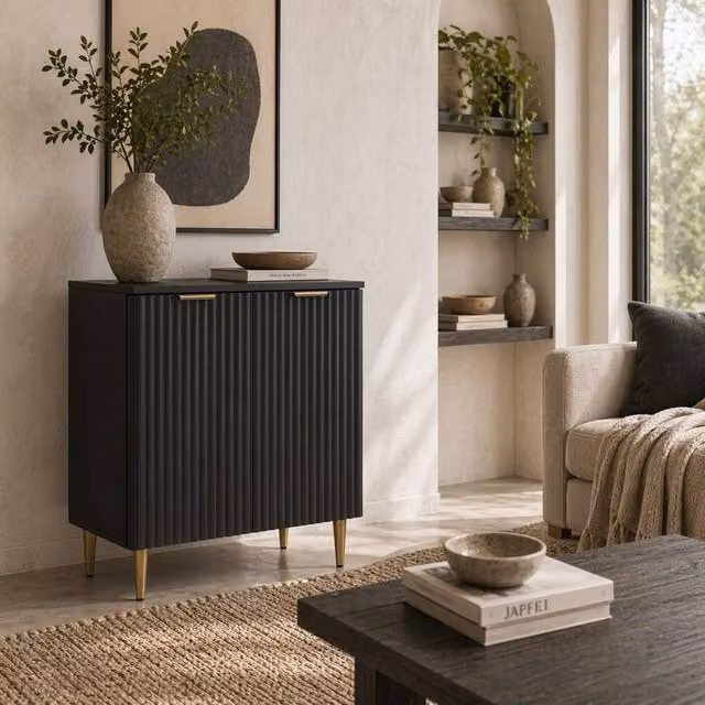 Wyld Haus Sutto Black Etched Sideboard with Gold Accents and Ribbed Doors