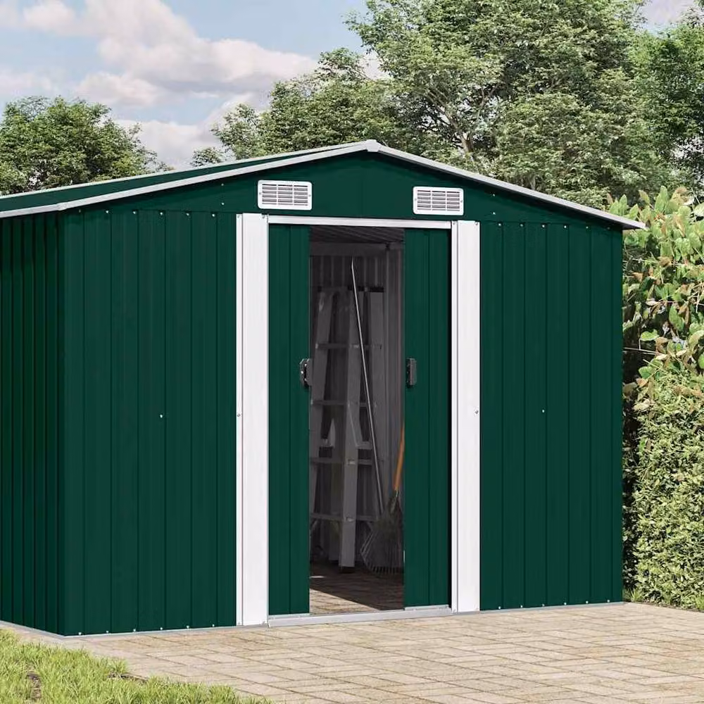 Berkfield Green Metal Garden Shed with Sliding Gable Doors, W: 257 cm, D: 392 cm, H: 181 cm – 3