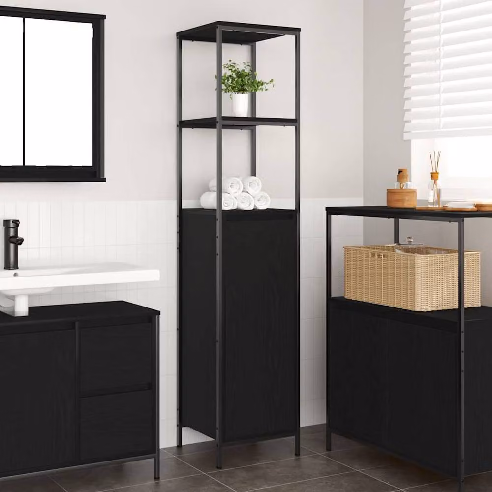 Berkfield Home Modern Black Oak Bathroom Cabinet with Internal Shelves and Open Storage, W/D/H: 36 x 35 x 165 cm – 2