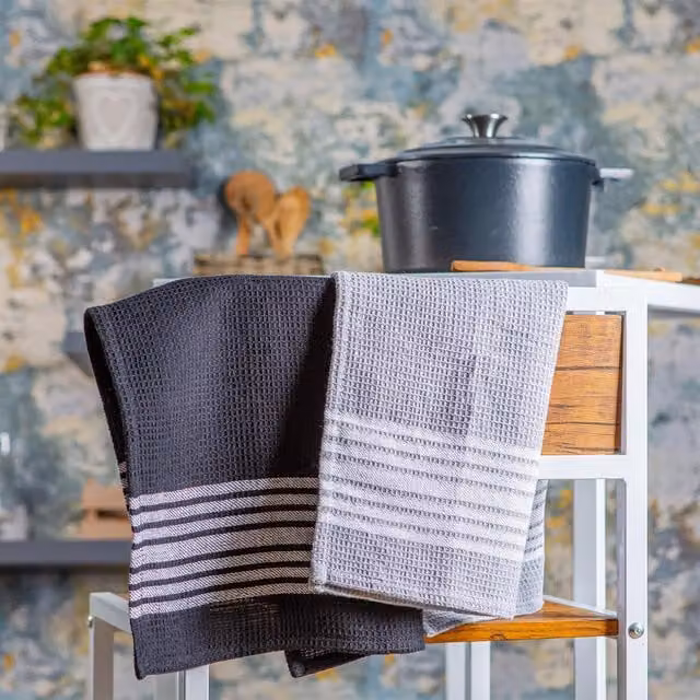 Nicola Spring Highly Absorbent Striped Cotton Tea Towel in Black, White and Grey