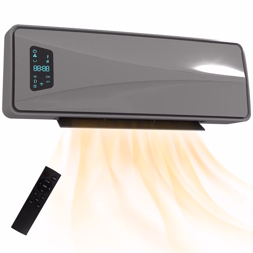 HOMCOM 2000W Ceramic Electric Fan Heater with Thermostat and Timer, Wall Mounted, Grey – 2