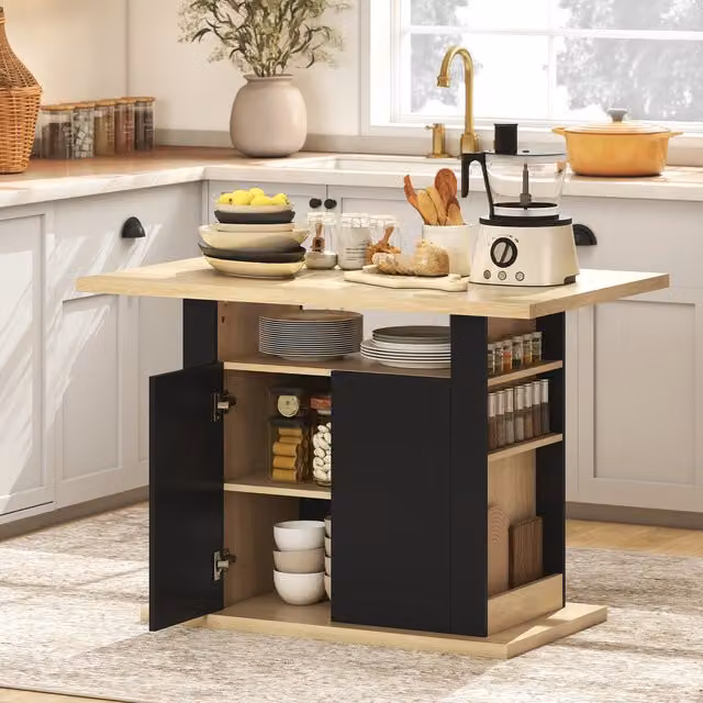 HOMCOM Modern Kitchen Island with Storage Cabinet and Spice Rack in Black and Brown Wood