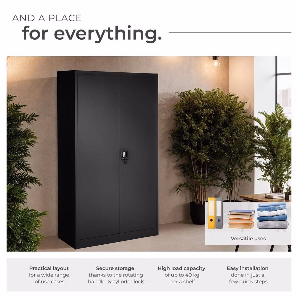 tectake Modern Metal Filing Cabinet in Matt Black with Hinged Doors and Lock, H 180 x W 80 x D 40 cm – 3