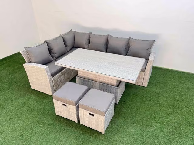 Fimous 8 Seat Garden Furniture Set with Corner Sofa, Armchair and 2 Small Footstools in Light Grey