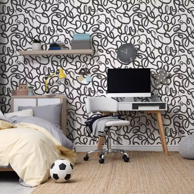 Holden Decor Squiggle Modern Abstract Matt Wallpaper in Black and White