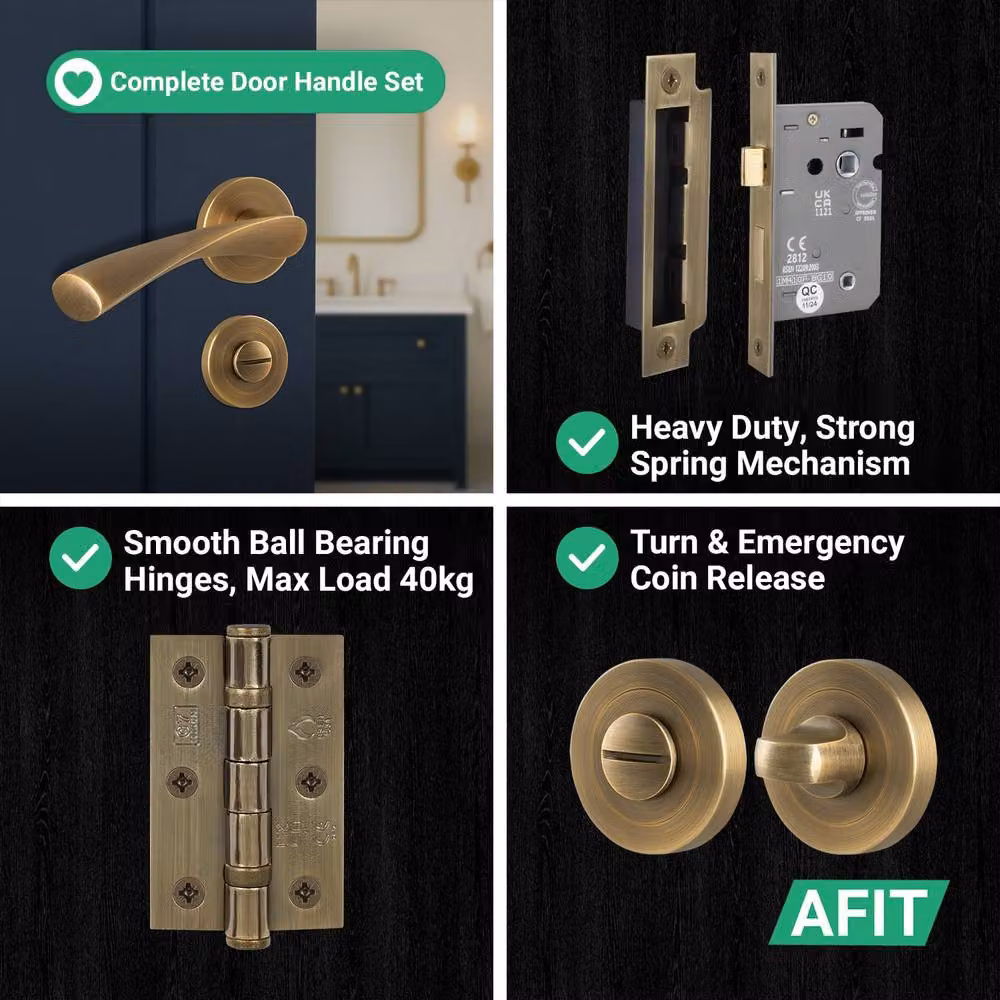 AFIT Antique Brass Bathroom Door Handle Rose with Lock and Hinges in Bronze, W/D/H: 15 x 15 x 1.5 cm – 7