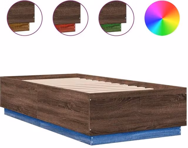 Berkfield Home Modern Small Single Bed Frame with LED Under-Bed Lighting and USB Charging Port in Brown Oak – 1