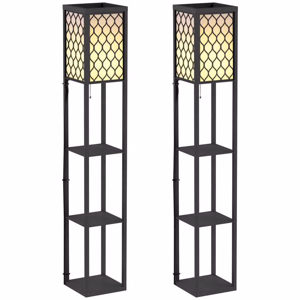 HOMCOM Set of 2 Modern Black Floor Lamps with 3 Wood Shelves and Fabric Lampshades – 2