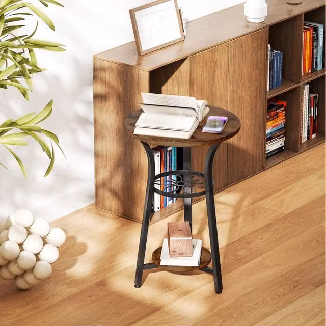 HOMCOM 3 Tier Round Small Side Table in Rustic Brown and Black