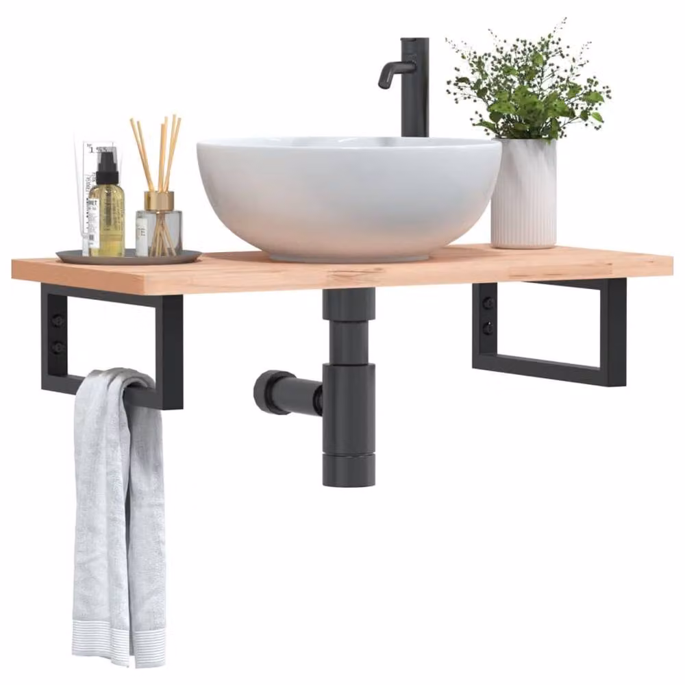 Berkfield Home Elegant Wall Mounted Basin Shelf in Light Brown Beech Wood and Steel, W/D/H: 40 x 40 x 40 cm – 2