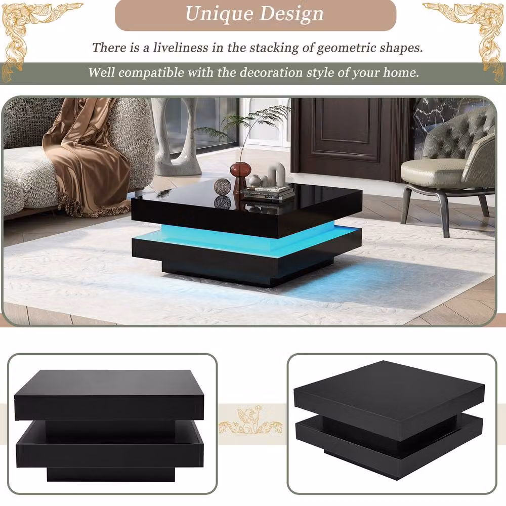 STILVORA Modern Black Glossy Square Coffee Table with Rotating Top and LED Lights W/D/H: 70 x 70 x 36 cm – 4