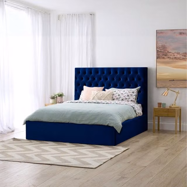 Desire Deco Sterling Chesterfield Storage Bed in Blue Velvet, W/D/H: 200 x 220 cm