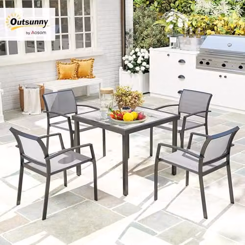 Outsunny 5 Piece Garden Dining Set with 4 Chairs and Square Table in Grey – 2