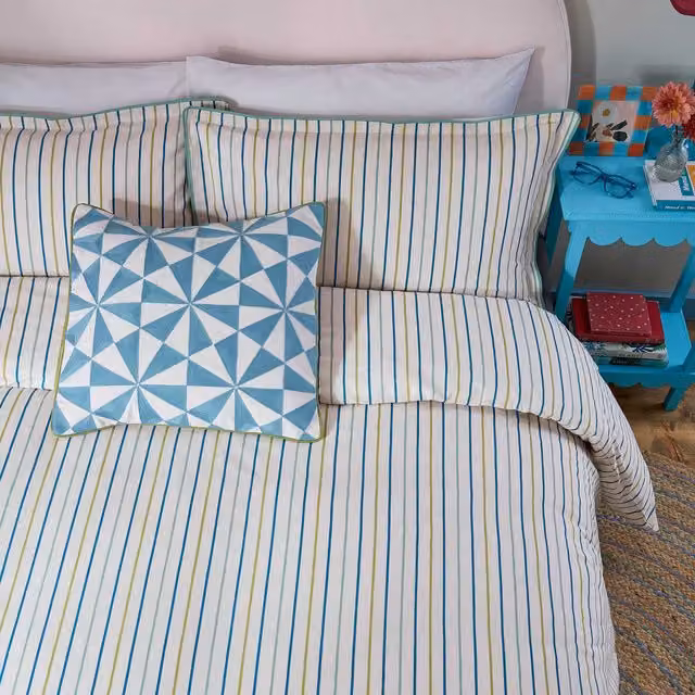 Land & Shore Abbey Reversible Striped Cotton Double Duvet Cover and Pillowcase Set, Green and Blue, W/D/H: 140 x 200 cm