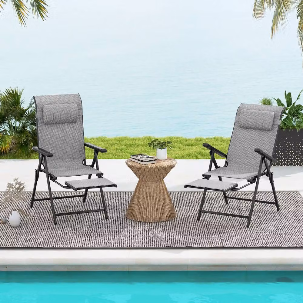 Costway Grey Folding Patio Lounge Chair with 10-Level Adjustable Backrest and Armrests – 3