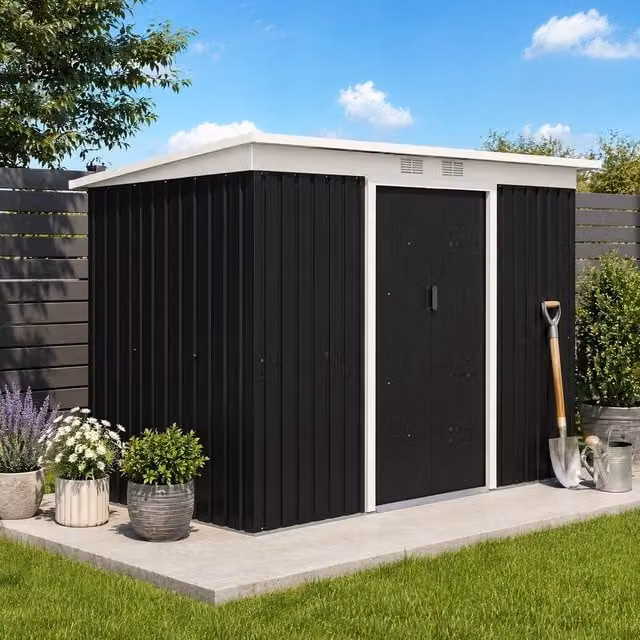 STILVORA Modern Galvanised Steel Garden Shed in Dark Grey with Double Sliding Doors and Side Vent, Width: 280 cm – 1
