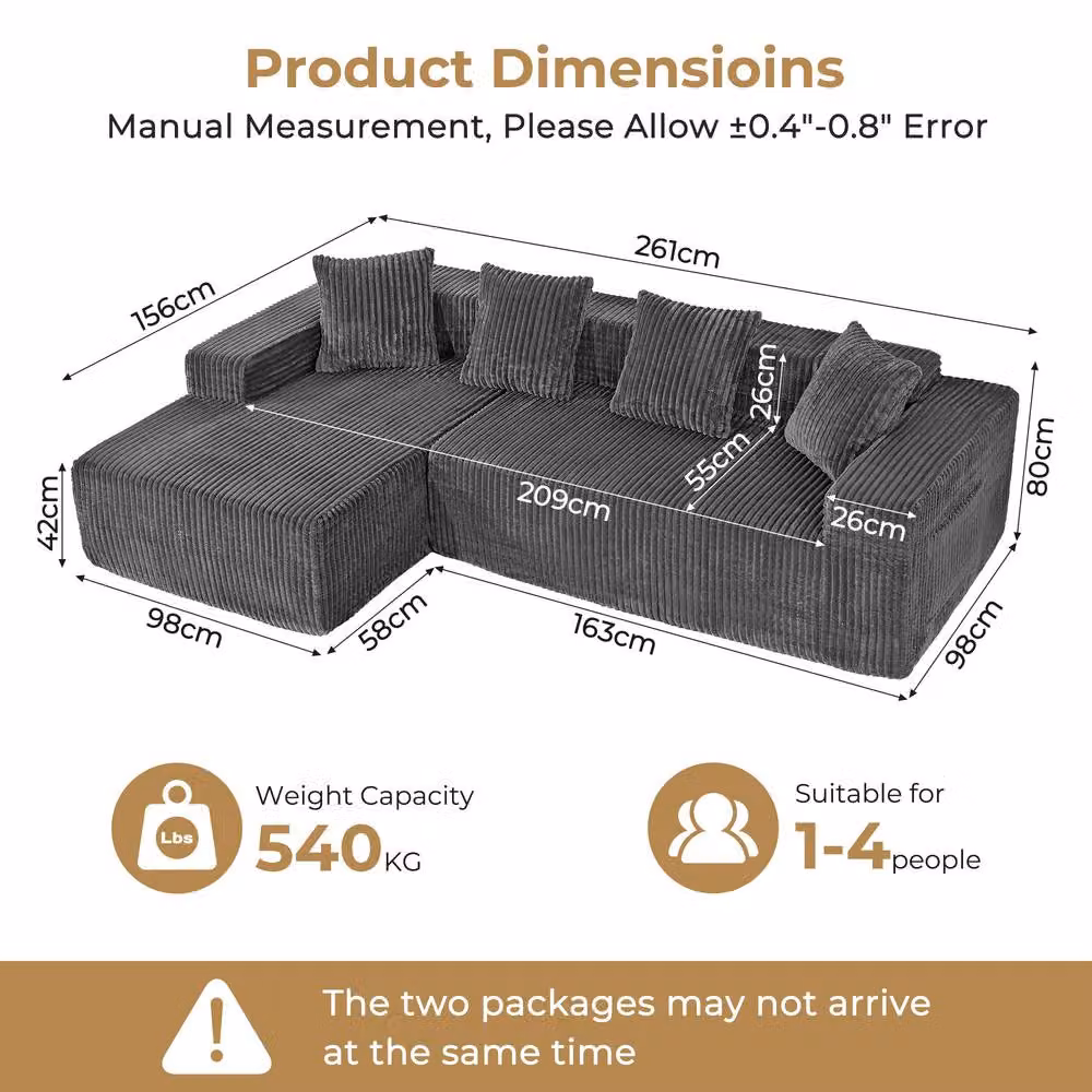 Dprodo 4 Seater Modular Left L-Shaped Sectional Sofa in Grey Velvet Cord – 3