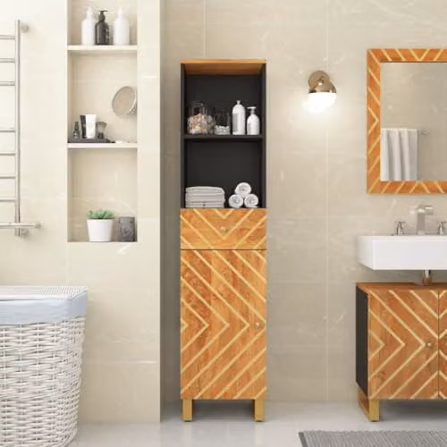 vidaXL Modern Mango Wood Bathroom Cabinet in Brown and Black, W: 38 cm, D: 33.5 cm, H: 160 cm – 2