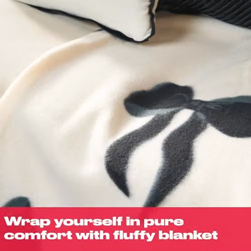 OHS Bow Print Fleece Throw Blanket, Black and White, W/D/H: 120 x 150 cm – 2