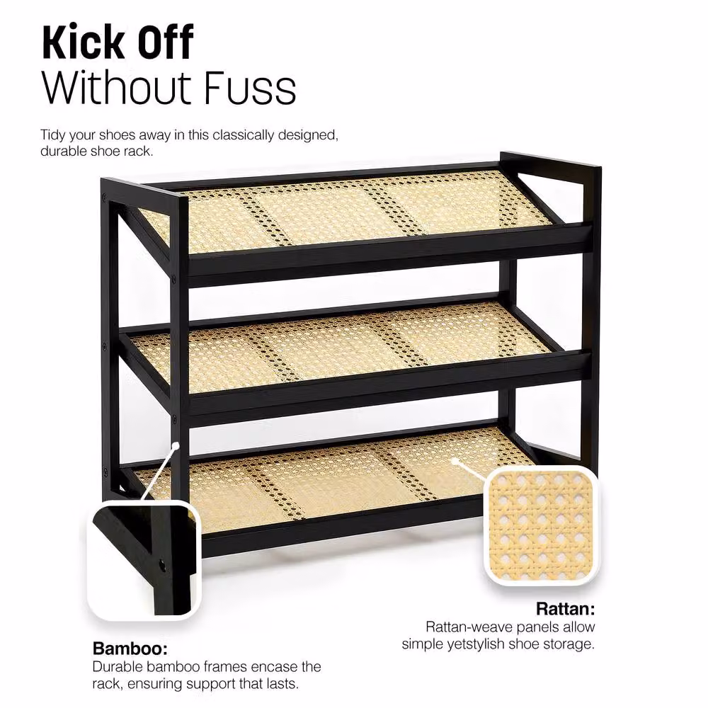 Keplin 3-Tier Bamboo and Rattan Shoe Organiser Rack in Black, W: 54 cm, H: 70 cm, D: 29 cm – 6