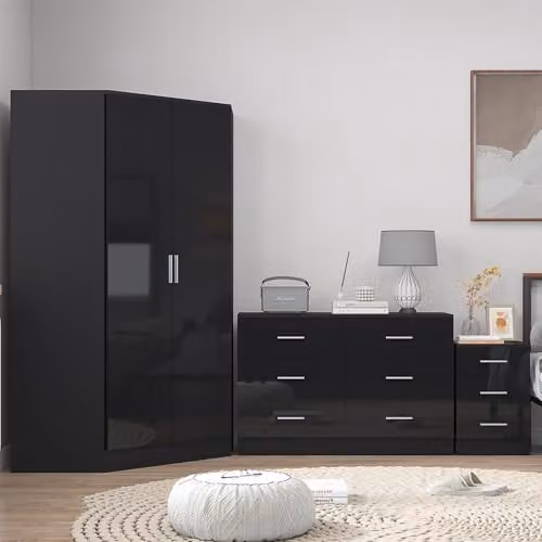 Reflect Modern Bedroom Furniture Bundle: 2 Door Corner Wardrobe, 6 Drawer Chest and 3 Drawer Bedside Table in Gloss and Matt Black – 2