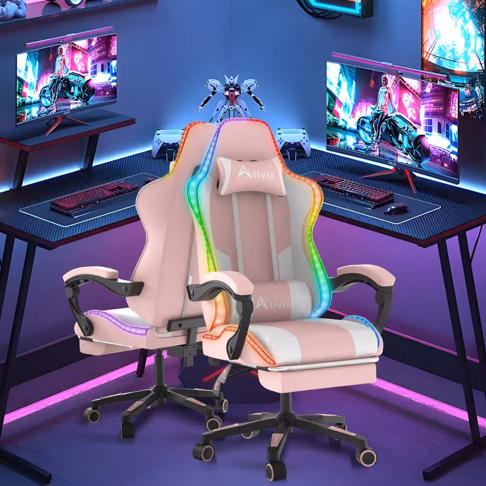 Alivio Wireless RGB LED Gaming Chair with App Control and Massage Lumbar Cushion in Pink – 2