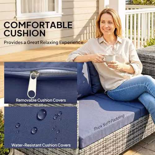 Outsunny 4 Seater L-Shape Rattan Garden Furniture Set with Storage Table and Blue Cushions – 5